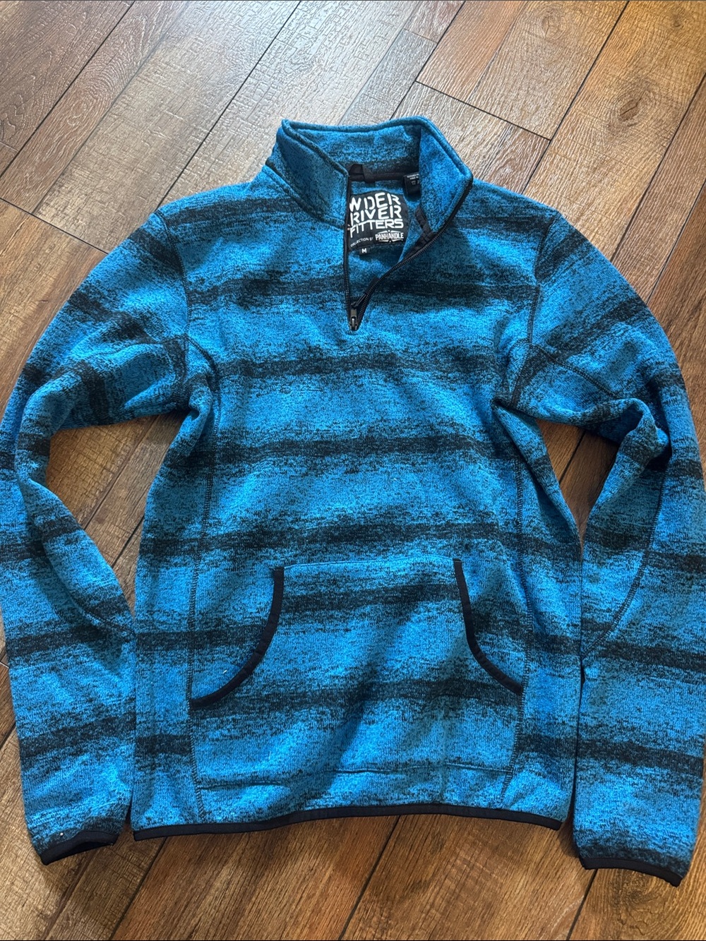 Wide River Outfitters Men’s Teal and Black Striped Quarter-Zip Fleece